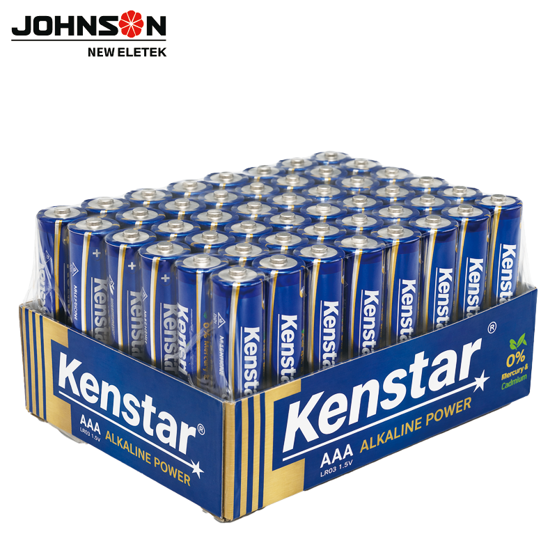 Forty eight piece colour box of AA and AAA alkaline cells with full colour private label printing on the retail box and the printed wrapper specification markings on each cell